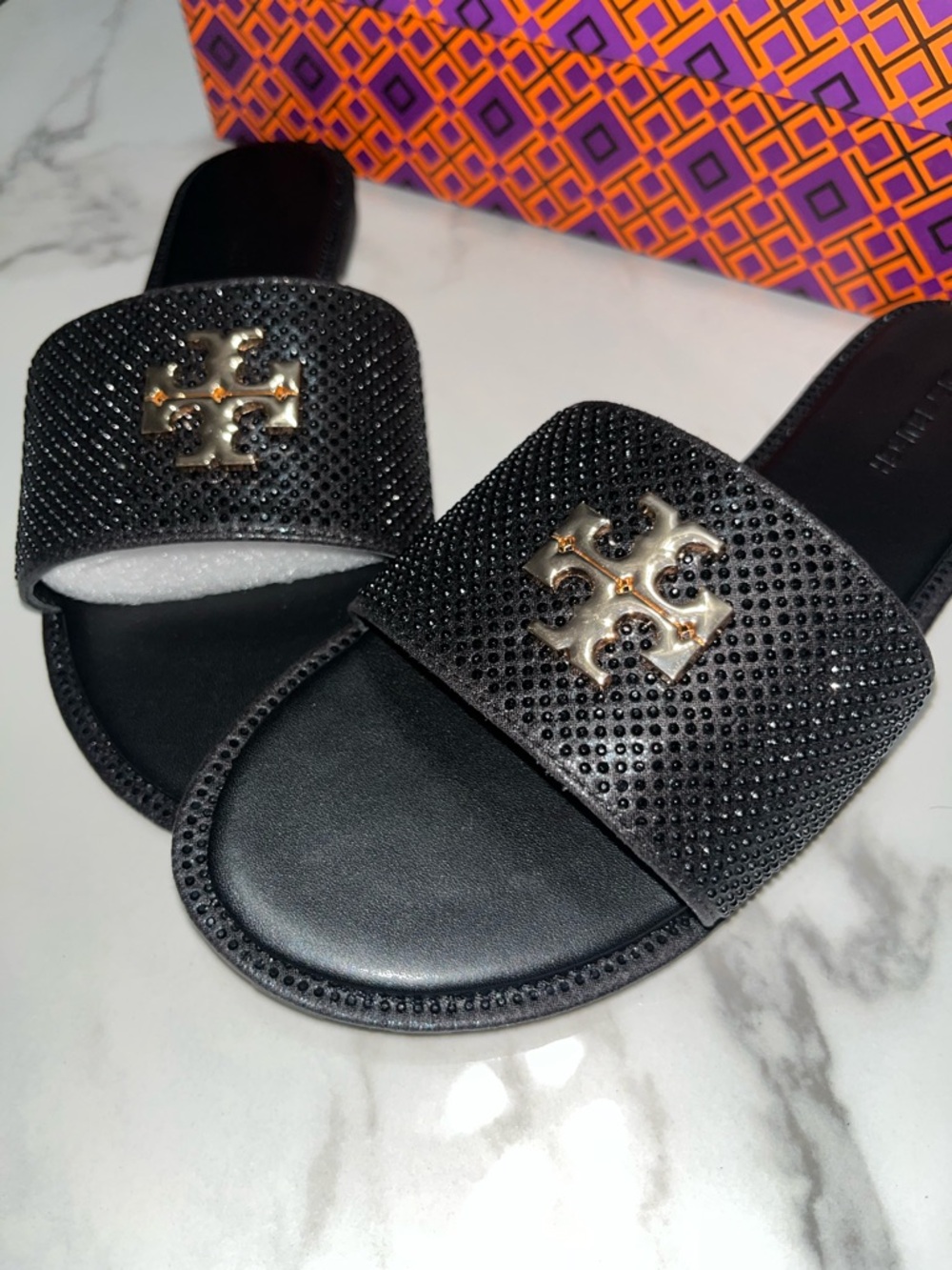 Tory Burch Black Crystal-Embellished Logo Slide Sandals